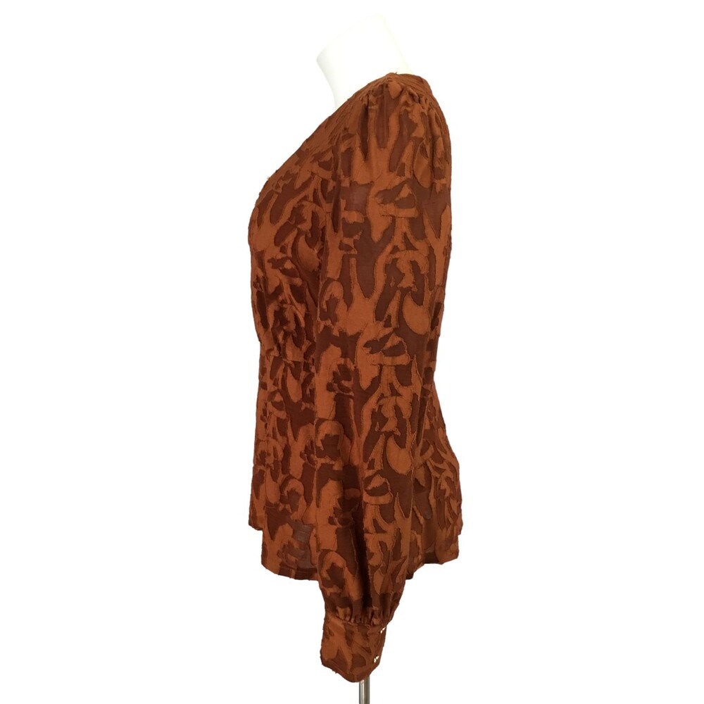 Eva Franco Anthropologie Burnout Velvet Top sz XS Puff Sleeve Sheer Rust Orange - Picture 8 of 16
